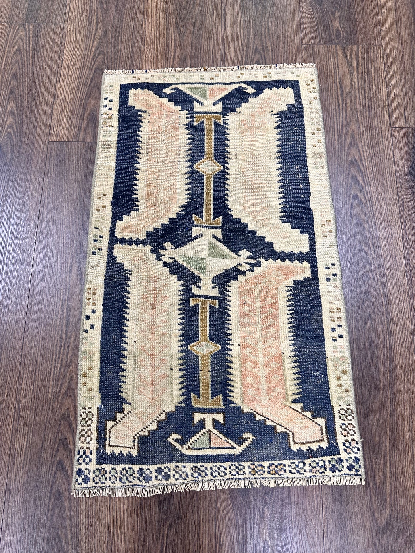 21x35 hand knotted, wool on wool, vintage Turkish mini rug